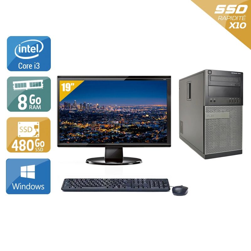 Dell Optiplex 7010 Tower i3 avec Écran 19 pouces 8Go RAM 480Go SSD Windows 10