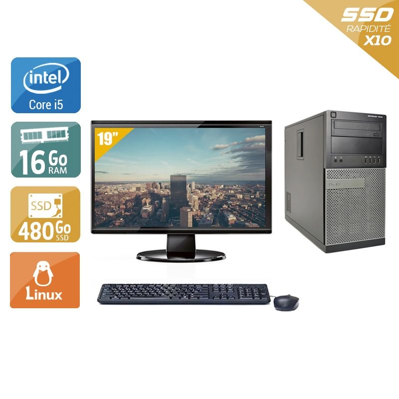 Dell Optiplex 7010 Tower i5 avec Écran 19 pouces 16Go RAM 480Go SSD Linux