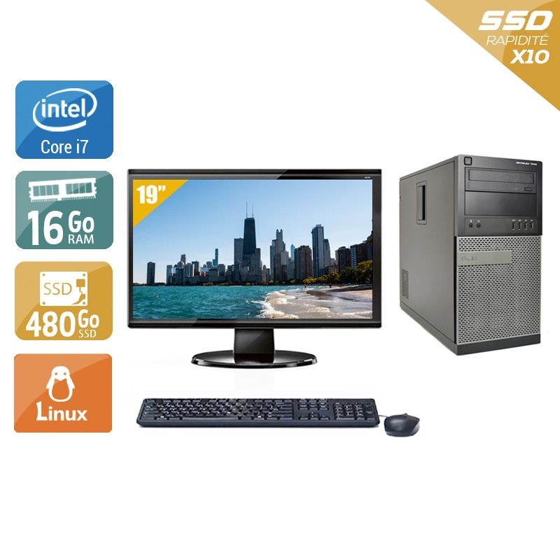 Dell Optiplex 7010 Tower i7 avec Écran 19 pouces 16Go RAM 480Go SSD Linux