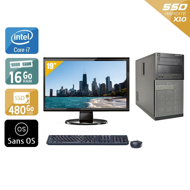 Dell Optiplex 7010 Tower i7 avec Écran 19 pouces 16Go RAM 480Go SSD Sans OS