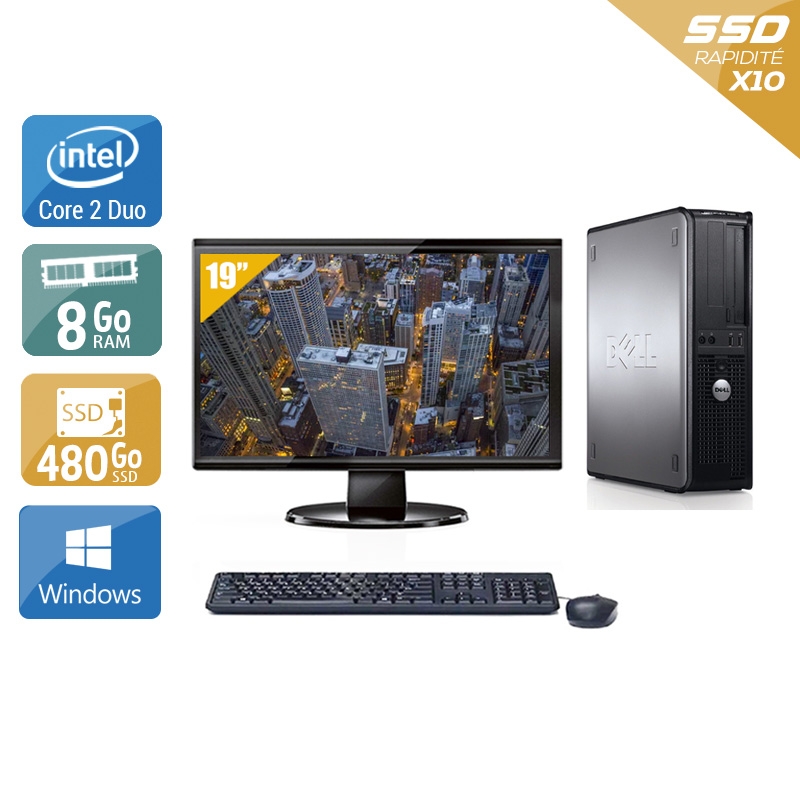 Dell Optiplex 760 Desktop Core 2 Duo avec Écran 19 pouces 8Go RAM 480Go SSD Windows 10