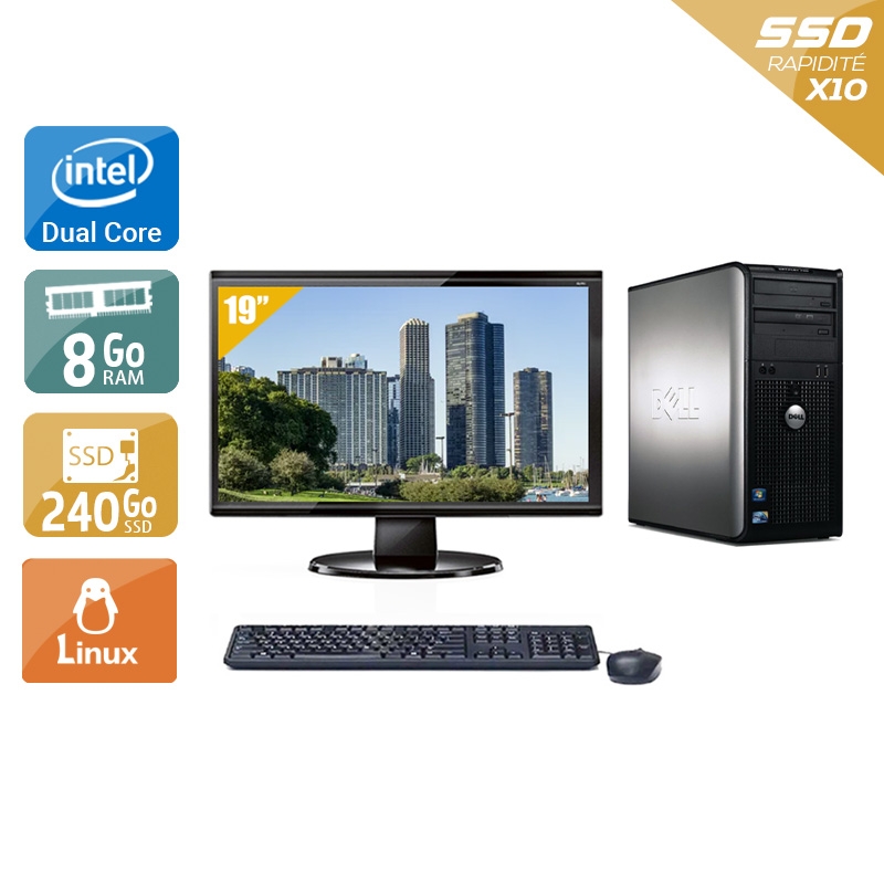 Dell Optiplex 780 Tower Dual Core avec Écran 19 pouces 8Go RAM 240Go SSD Linux