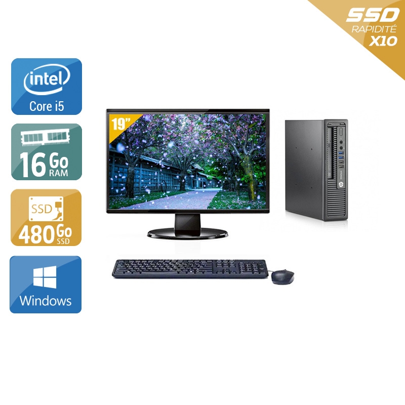 HP EliteDesk 800 G1 USDT i5 avec Écran 19 pouces 16Go RAM 480Go SSD Windows 10