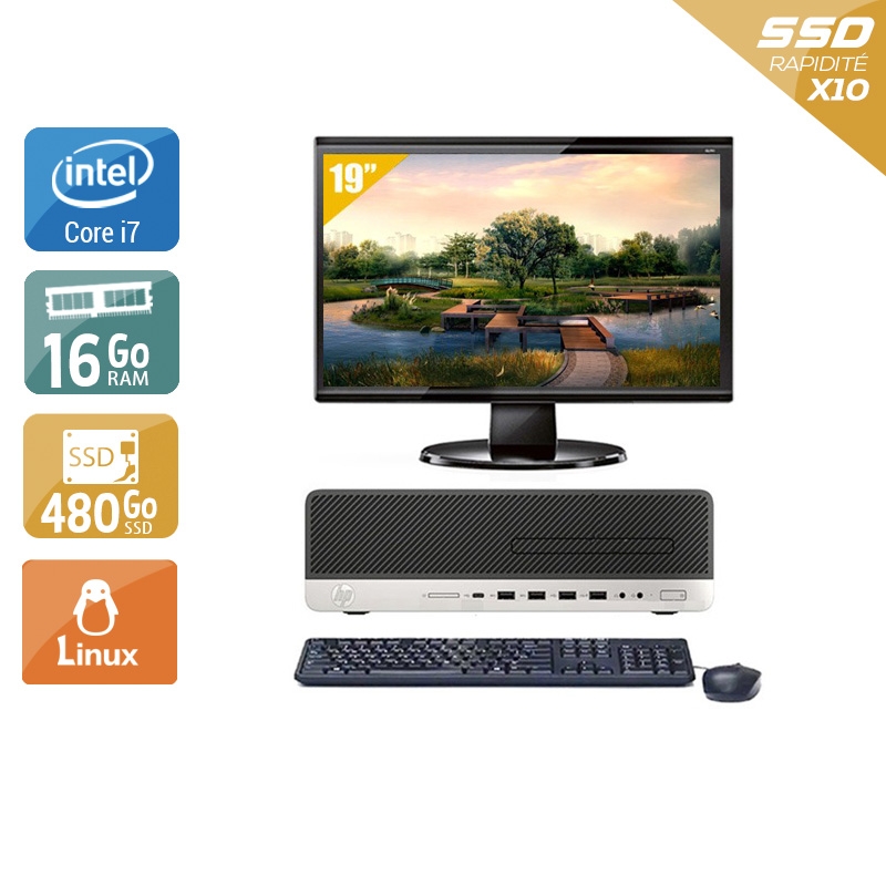 HP EliteDesk 800 G3 SFF i7 Gen 6 avec Écran 19 pouces 16Go RAM 480Go SSD Linux