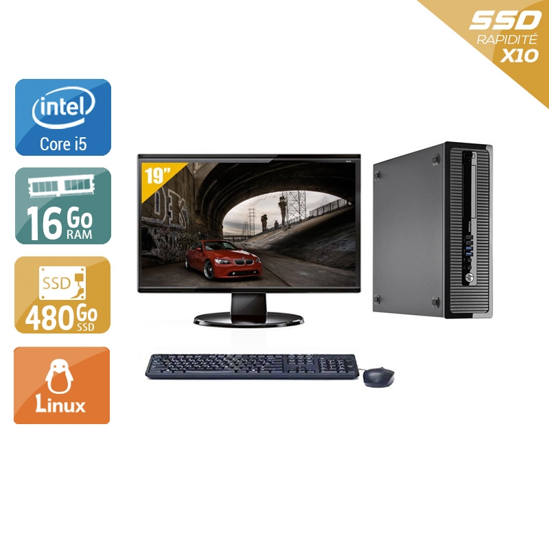 HP ProDesk 400 G1 SFF i5 avec Écran 19 pouces 16Go RAM 480Go SSD Linux