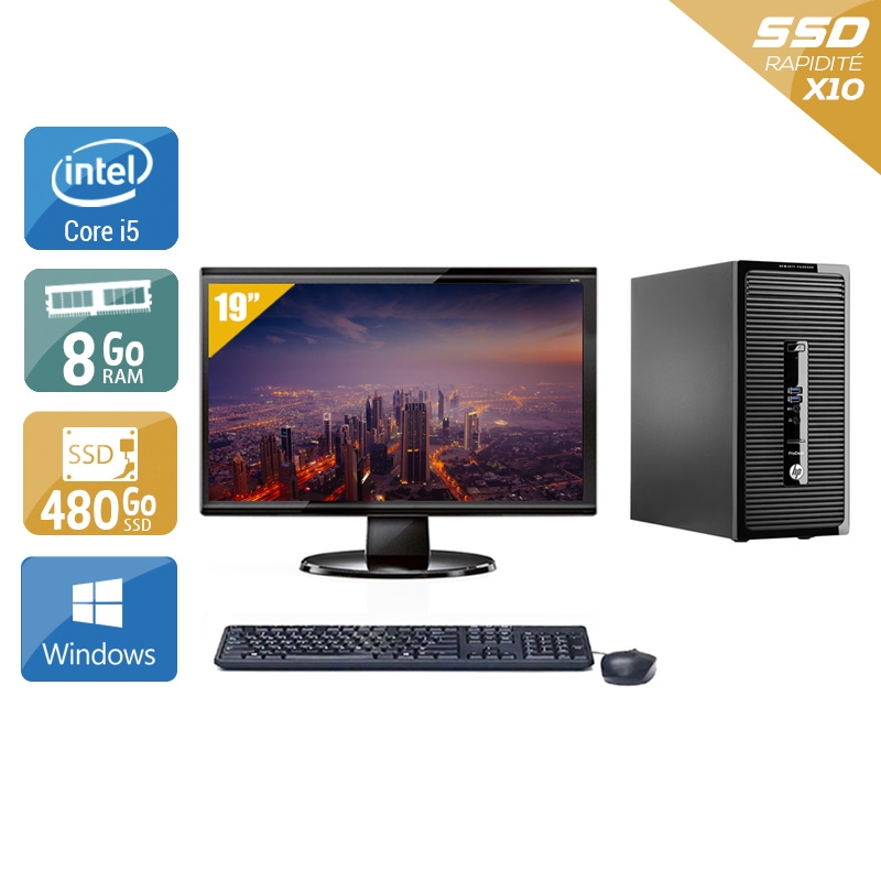 HP ProDesk 400 G2 Tower i5 avec Écran 19 pouces 8Go RAM 480Go SSD Windows 10