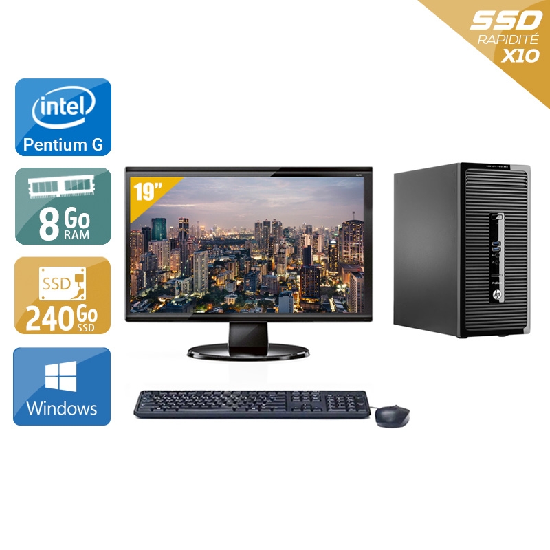 HP ProDesk 400 G2 Tower Pentium G Dual Core avec Écran 19 pouces 8Go RAM 240Go SSD Windows 10