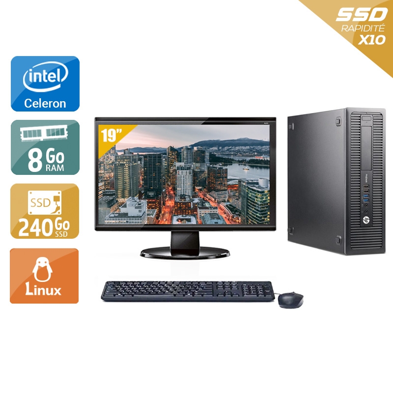 HP ProDesk 600 G1 SFF Celeron Dual Core avec Écran 19 pouces 8Go RAM 240Go SSD Linux