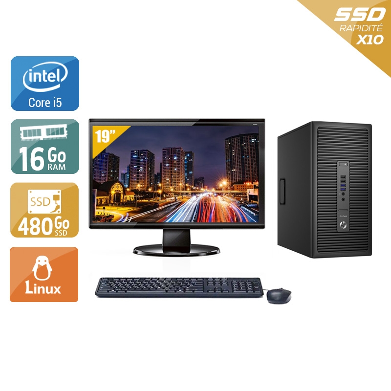 HP ProDesk 600 G2 Tower i5 Gen 6 avec Écran 19 pouces 16Go RAM 480Go SSD Linux