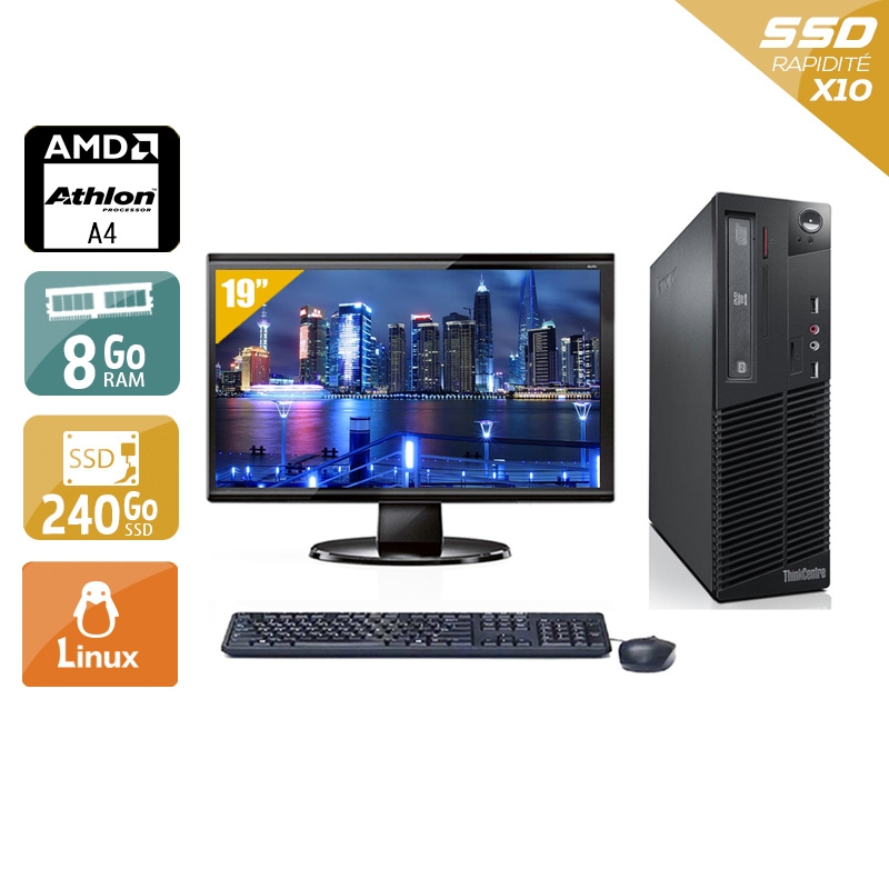 Lenovo ThinkCentre M78 SFF AMD A4 + Écran - 19'' 8Go RAM 240Go SSD Linux  Très bon étatOccasion certifiée reconditionnée Bon état -  reconditionné disponible sur Kiatoo