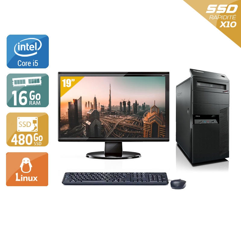 Lenovo ThinkCentre M90 Tower i5 avec Écran 19 pouces 16Go RAM 480Go SSD Linux