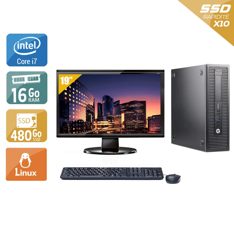 HP ProDesk 600 G1 SFF i7 avec Écran 19 pouces 16Go RAM 480Go SSD Linux