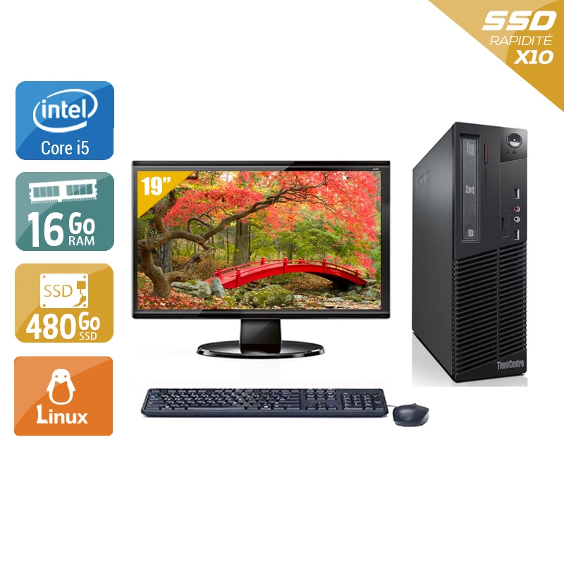 Lenovo ThinkCentre M73 SFF i5 avec Écran 19 pouces 16Go RAM 480Go SSD Linux