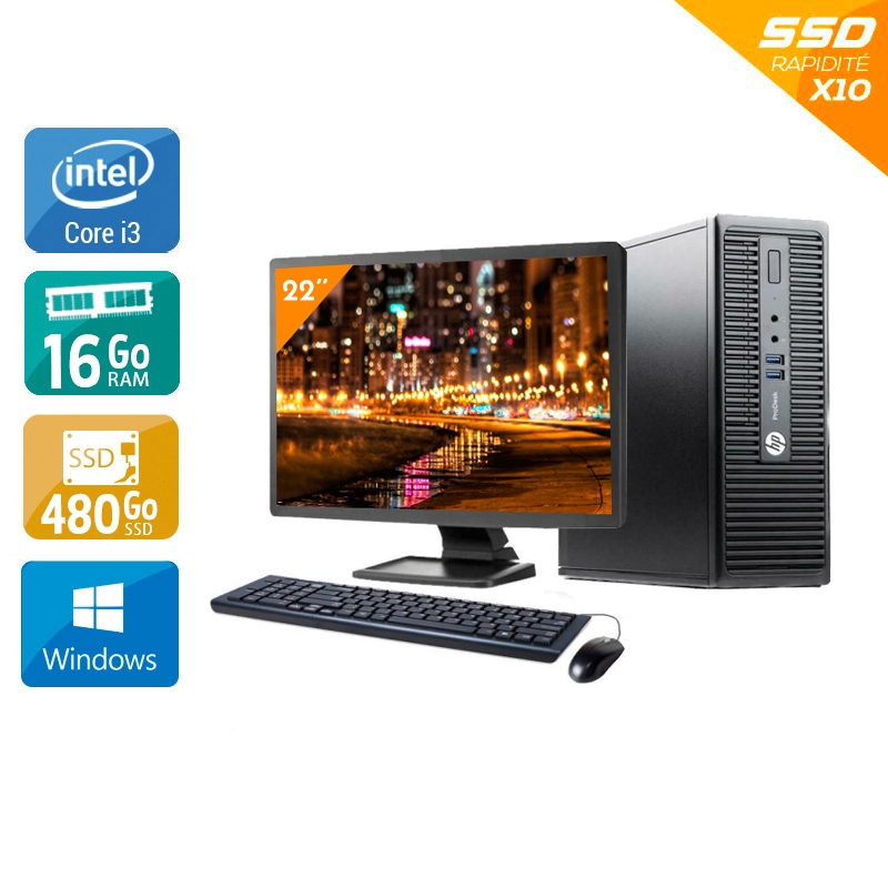 HP ProDesk 400 G3 SFF i3 Gen 6 Ecran 22 '' 16Go RAM 480Go SSD Windows 10 État correctOccasion certifiée reconditionnée